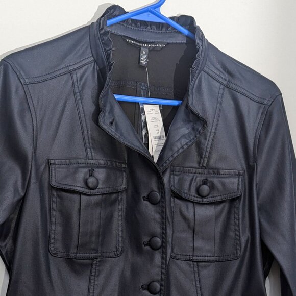 WHBM $180 NAVY Coated Denim Military Jacket Officer Blue Stretchy WASHABLE 14/12 - Picture 2 of 9